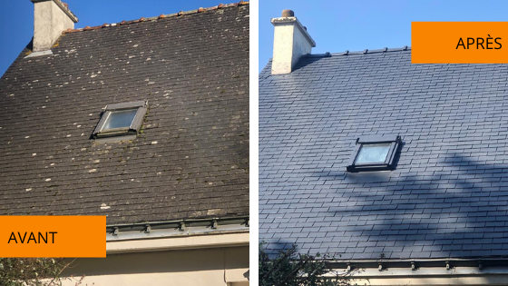 Comparatif avant apres le passage d'un nettoyeur haute pression sur une toiture en ardoise