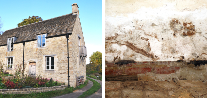 Maison ancienne en granite avec toit en ardoise et mur atteint d'humidite