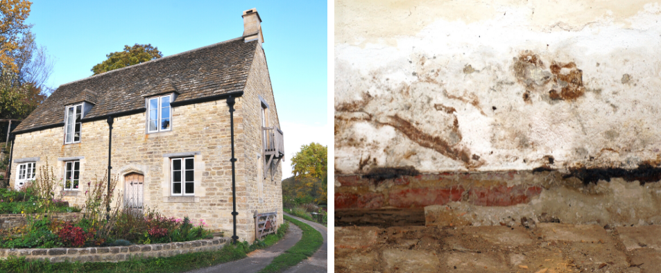 Maison ancienne en granite avec toit en ardoise et mur atteint d'humidite