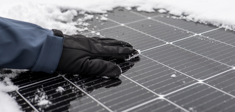 main qui enleve la neige sur un panneau solaire