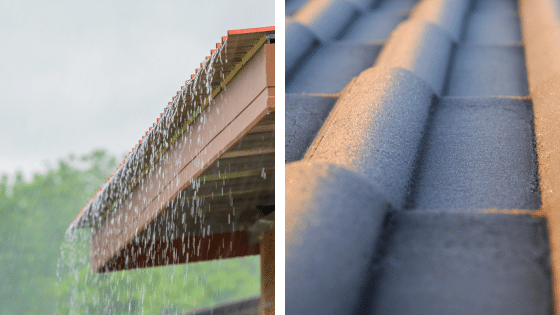 Pluie qui s'abat sur un toit et tuiles gelees