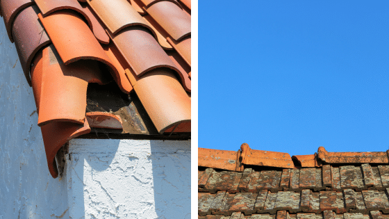 Tuiles cassees et deplacees et faitage deforme