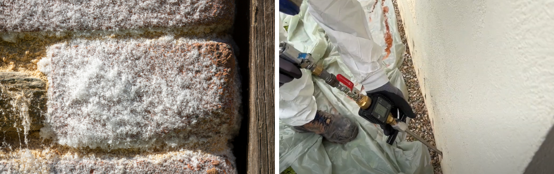 Mur en briques avec du salpetre et traitement hydrofuge pour les murs